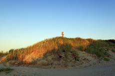 Juist-Töwerland: Eindrucksvoll wirft die untergehende Sonne vor der Dunkelheit noch lange Schatten auf dem Strand.