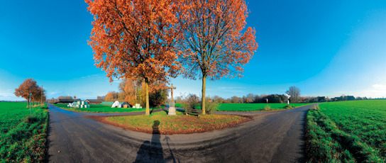 Der Niederrhein:Herbst – Panoramablick 180 Grad. Wegekreuz am Nikolausweg (Kempen - Schlootkuhlen). Panoramagröße: 132x56 cm / 300dpi