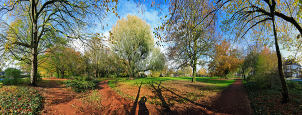 Der Niederrhein:Herbst – Panoramablick 180 Grad. Kempen: East Cambridgeshire Park. Panoramagröße: 136x52 cm / 300dpi